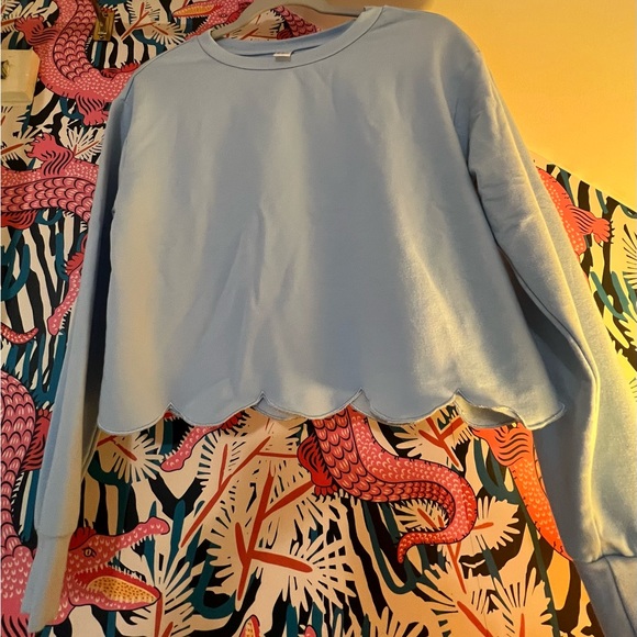 Baby blue long sleeve scalloped bottom shirt, slightly cropped - Picture 3 of 5